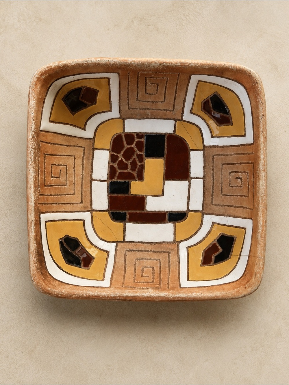 Vintage Keramic Israel Hand Painted Geometric Ceramic Trinket Dish MCM 5 Inch
